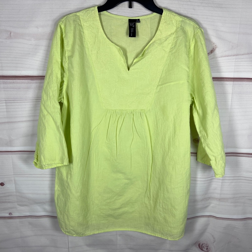 Focus Casual Life Top Womens Large Green Embroidered V-Neck Cotton Gauze Blouse